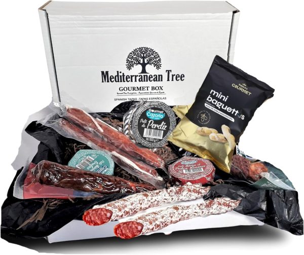 Coffret Cadeau Gourmet Tapas Espagnoles - Lot de Saucisson Ibérique et Chorizo + 3 Patés Ibériques à la Truffe,Vin Doux et Canard + 3 Morceaux de Fuet + Pain Artisan + Table Cadeau de Tapas